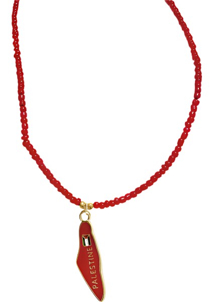 Kırmızı Boncuklu El Yapımı Filistin Haritası Unisex Filistin Kolyesi 40 cm J300010