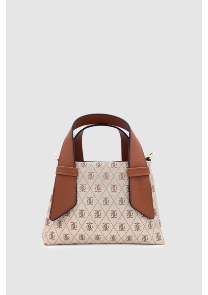 Aurly Asimetrik Askı Detaylı Monogram Çapraz Askılı El Çantası Vizon