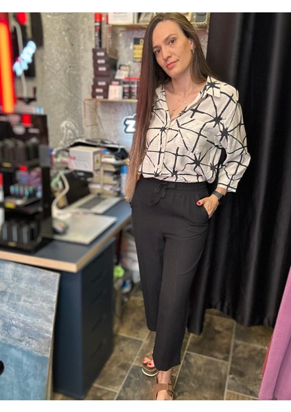 Siyah Ince Keten Yürüyüş Pantolonu modelleri