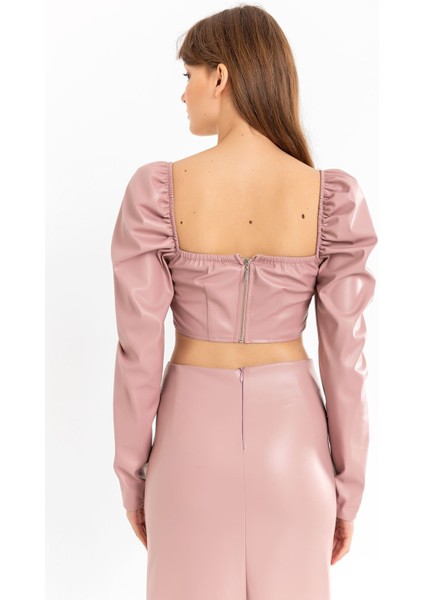 Deri Kumaş Straplez Kalp Yaka Fermuar Detaylı Kadın Crop-Pudra fiyatları