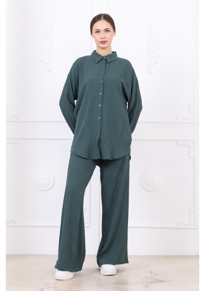 Gofre Kadın Gömlek Pantolon Ikili Takım