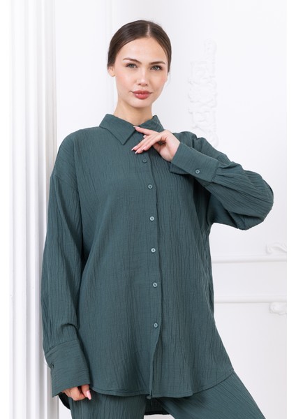 Gofre Kadın Gömlek Pantolon Ikili Takım