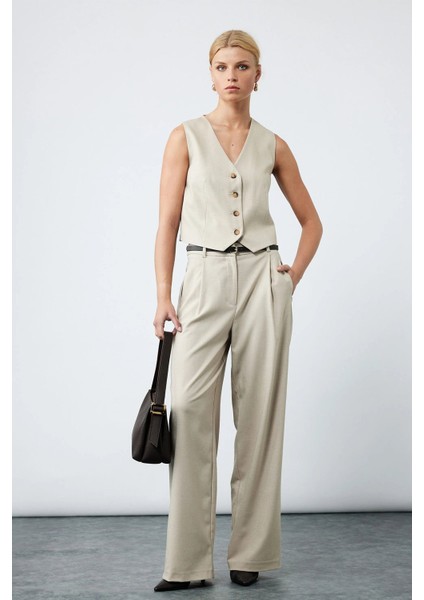 Kemer Detaylı Pileli Cepli Yüksek Bel Palazzo Pantolon 6WAK40035UW