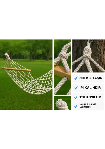Çift Kişilik Pamuklu Hamak | El Örgüsü Bağlama Ipli 120X190 cm | 300 kg Taşıma Kapasiteli Bahçe Balkon Kamp Salıncağı