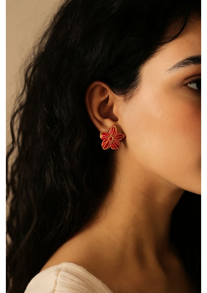 Rosso– El Yapımı Kırmızı Çiçek Tasarımlı Polimer Kil Küpe | Özel Tasarım Altın Detaylı