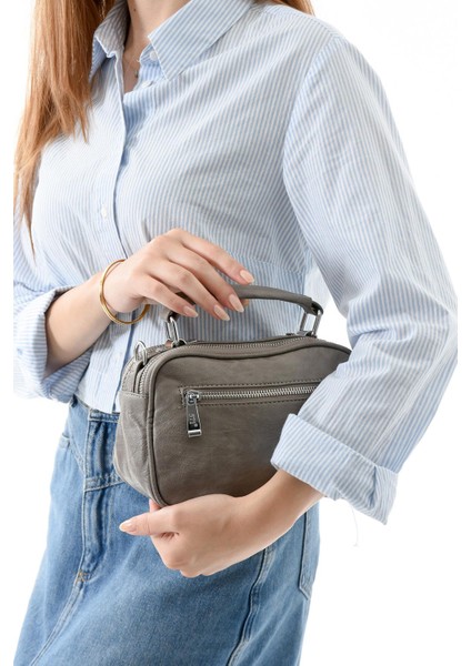 İki Fonksiyonlu Metal Basmalı Suni Deri Omuz, El Çantası Gri (Model: 571-13-17H) fiyatları