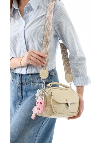 İki Fonksiyonlu Metal Basmalı Suni Deri Omuz, El Çantası Bej (Model: 571-13-17H)