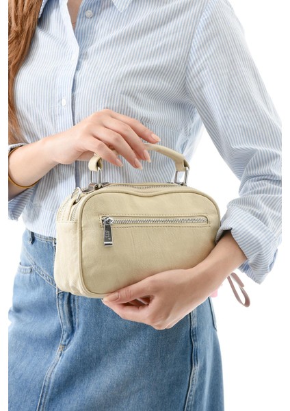 İki Fonksiyonlu Metal Basmalı Suni Deri Omuz, El Çantası Bej (Model: 571-13-17H) fiyatları