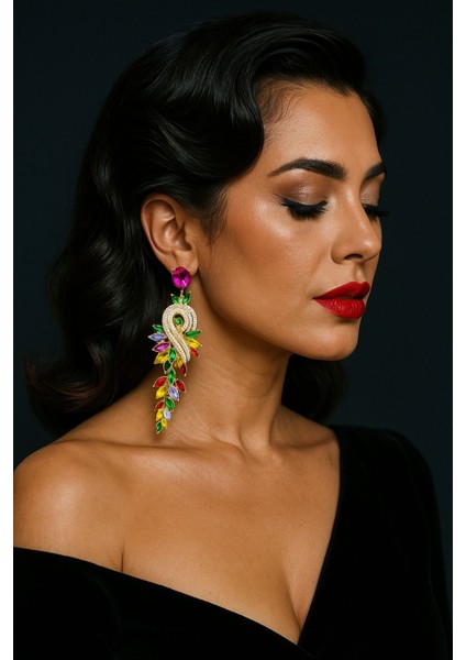 Serena-Renkli Taşlı Uzun Gösterişli Tasarım Küpe