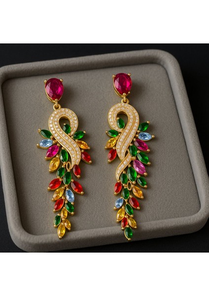 Serena-Renkli Taşlı Uzun Gösterişli Tasarım Küpe fiyatları