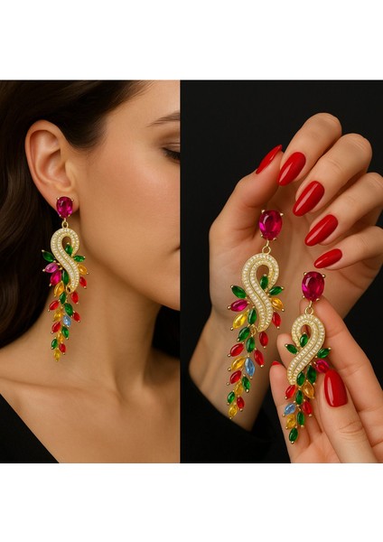 Serena-Renkli Taşlı Uzun Gösterişli Tasarım Küpe modelleri