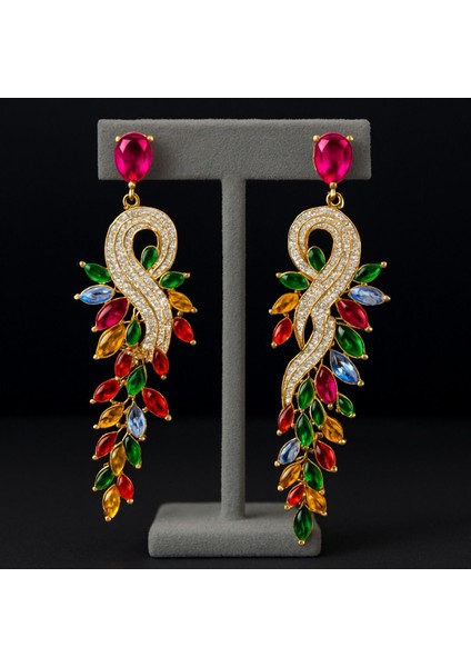 Serena-Renkli Taşlı Uzun Gösterişli Tasarım Küpe fırsatları