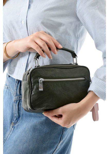 İki Fonksiyonlu Metal Basmalı Suni Deri Omuz, El Çantası Yeşil (Model: 571-13-17H) fiyatları