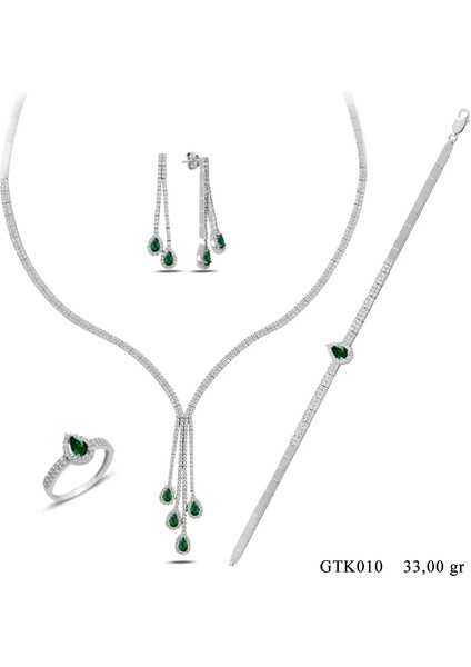 925 Ayar Gümüş Salkım 2 Sıra Yeşil Damla Su Yolu kadın Düğün Set