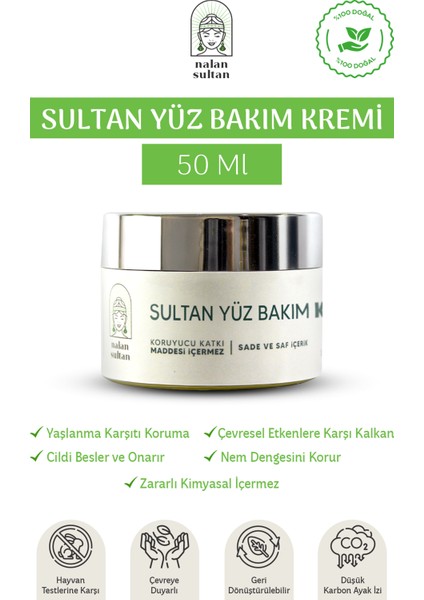 | Sultan Yüz Bakım Kremi, E vitaminli, Yaşlanma Karşıtı, Nem Dengeleyici, %100 Natural (50 ml)