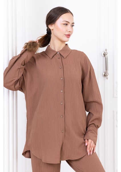 Gofre Kadın Gömlek Pantolon Ikili Takım