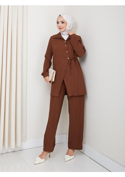 Kadın Kuşaklı Düğmeli Çilek Kumaş Kahverengi Ikili Takım