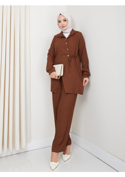 Kadın Kuşaklı Düğmeli Çilek Kumaş Kahverengi Ikili Takım fiyatları