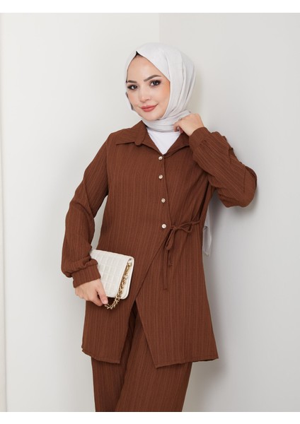 Kadın Kuşaklı Düğmeli Çilek Kumaş Kahverengi Ikili Takım fırsatları