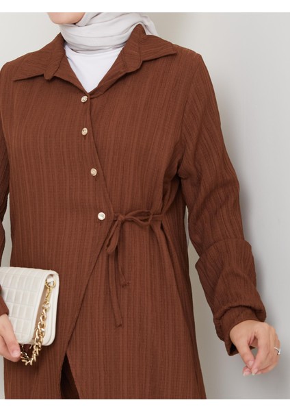 Kadın Kuşaklı Düğmeli Çilek Kumaş Kahverengi Ikili Takım indirimleri