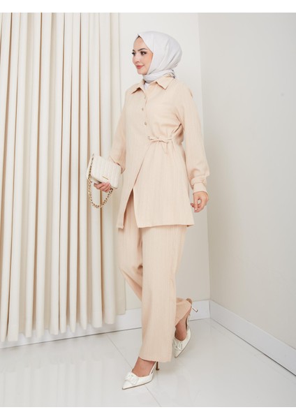 Kadın Kuşaklı Düğmeli Çilek Kumaş Bej Ikili Takım