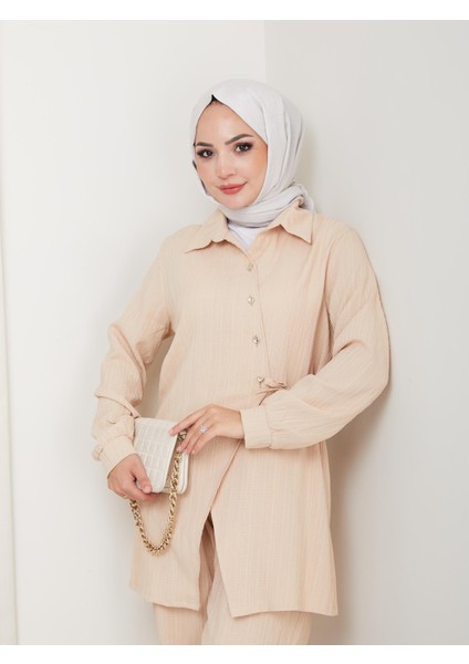 Kadın Kuşaklı Düğmeli Çilek Kumaş Bej Ikili Takım fırsatları