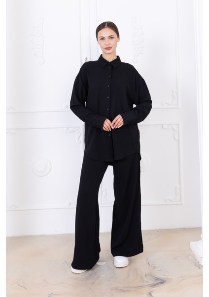 Gofre Kadın Gömlek Pantolon Ikili Takım