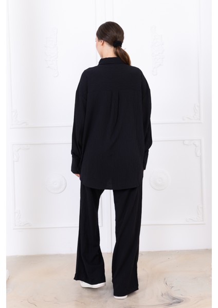 Gofre Kadın Gömlek Pantolon Ikili Takım