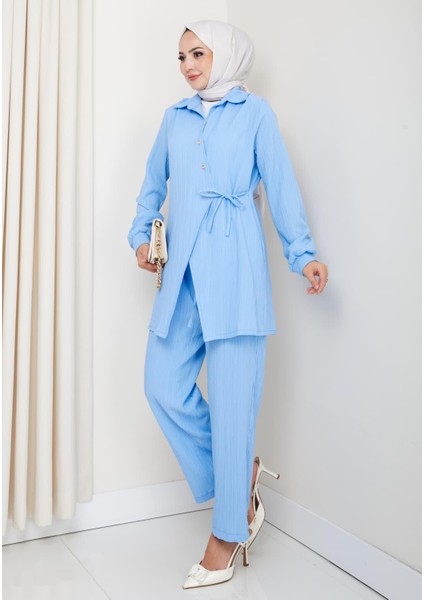 Kadın Kuşaklı Düğmeli Çilek Kumaş Mavi Ikili Takım