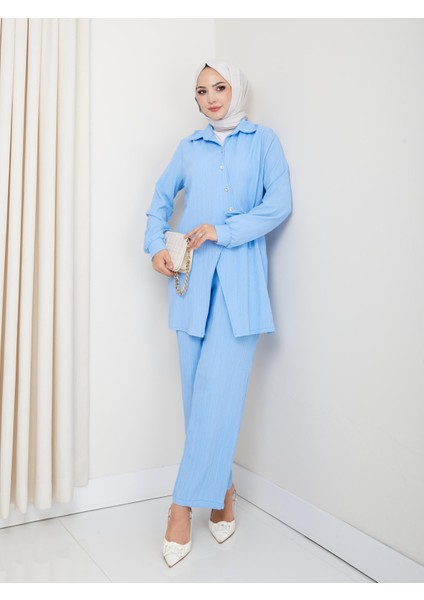 Kadın Kuşaklı Düğmeli Çilek Kumaş Mavi Ikili Takım fiyatları