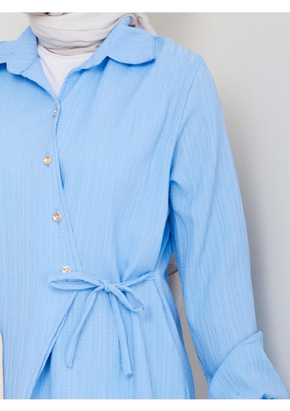 Kadın Kuşaklı Düğmeli Çilek Kumaş Mavi Ikili Takım modelleri