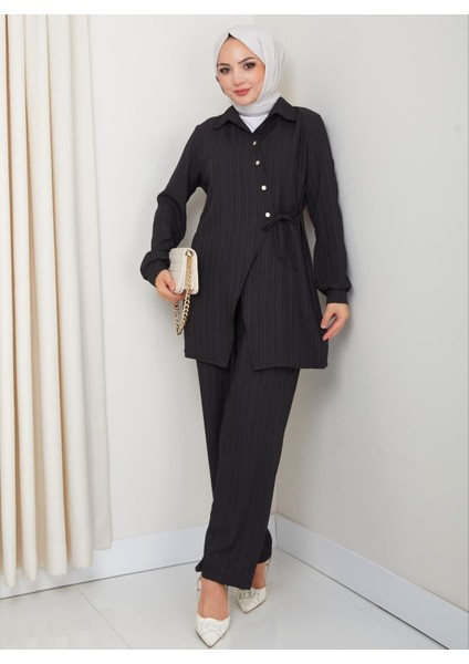Kadın Kuşaklı Düğmeli Çilek Kumaş Siyah Ikili Takım