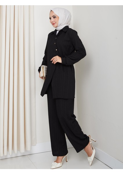 Kadın Kuşaklı Düğmeli Çilek Kumaş Siyah Ikili Takım fiyatları