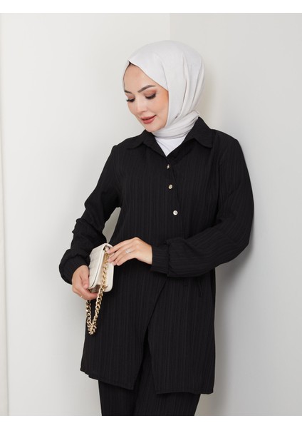 Kadın Kuşaklı Düğmeli Çilek Kumaş Siyah Ikili Takım fırsatları