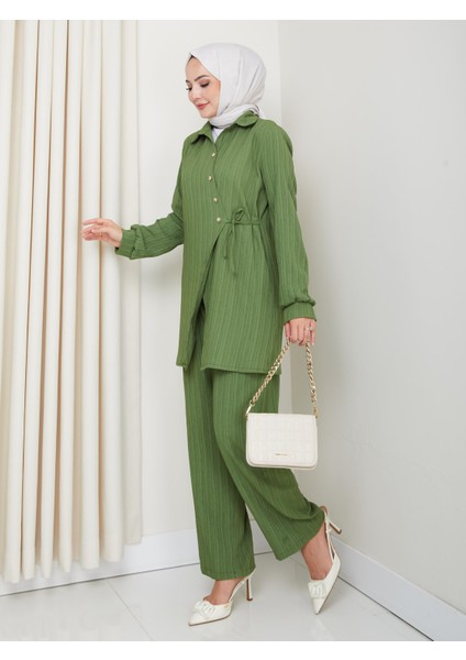 Kadın Kuşaklı Düğmeli Çilek Kumaş Yeşil Ikili Takım fiyatları