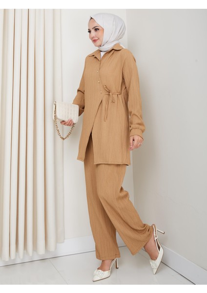 Kadın Kuşaklı Düğmeli Çilek Kumaş Vizon Ikili Takım