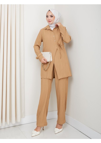 Kadın Kuşaklı Düğmeli Çilek Kumaş Vizon Ikili Takım modelleri