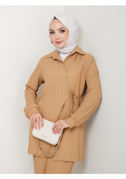 Kadın Kuşaklı Düğmeli Çilek Kumaş Vizon Ikili Takım fırsatları