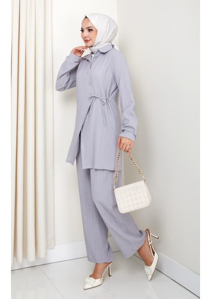 Kadın Kuşaklı Düğmeli Çilek Kumaş Gri Ikili Takım