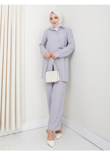 Kadın Kuşaklı Düğmeli Çilek Kumaş Gri Ikili Takım fiyatları