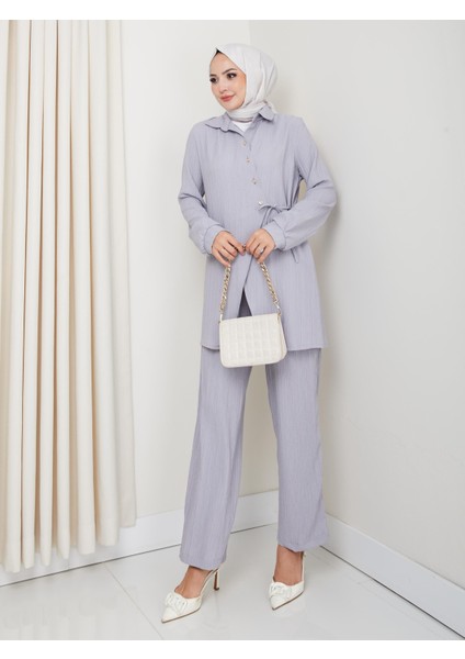 Kadın Kuşaklı Düğmeli Çilek Kumaş Gri Ikili Takım modelleri
