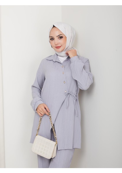 Kadın Kuşaklı Düğmeli Çilek Kumaş Gri Ikili Takım fırsatları