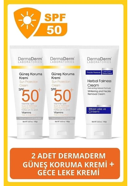 2 Adet Spf 50+ Güneş Koruma Vitaminli Yüz ve Vücut Güneş Kremi 2 x 100 Ml. ve 1 Adet Tüm Cilt Lekelerine Karşı Etkili Bitkisel Leke Giderici ve Cilt Beyazlatıcı Gece Kremi 100 Ml.
