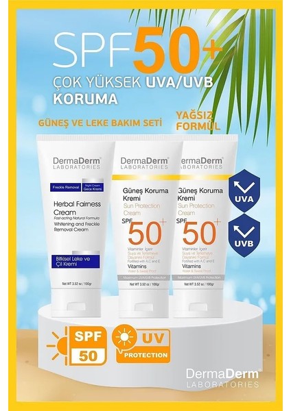 2 Adet Spf 50+ Güneş Koruma Vitaminli Yüz ve Vücut Güneş Kremi 2 x 100 Ml. ve 1 Adet Tüm Cilt Lekelerine Karşı Etkili Bitkisel Leke Giderici ve Cilt Beyazlatıcı Gece Kremi 100 Ml. fiyatları