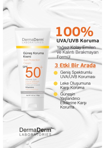 2 Adet Spf 50+ Güneş Koruma Vitaminli Yüz ve Vücut Güneş Kremi 2 x 100 Ml. ve 1 Adet Tüm Cilt Lekelerine Karşı Etkili Bitkisel Leke Giderici ve Cilt Beyazlatıcı Gece Kremi 100 Ml.