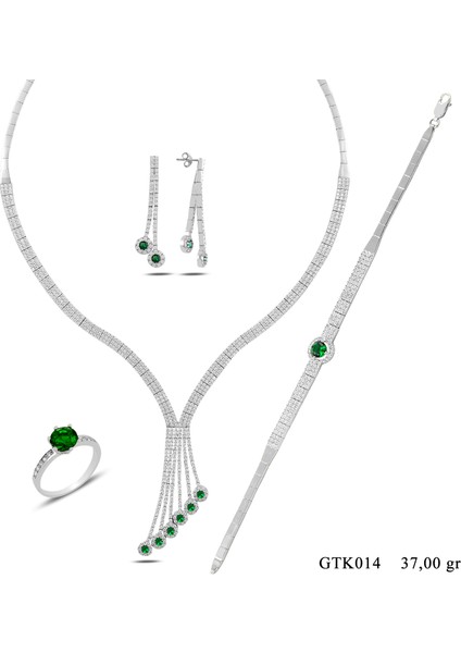 Kadın 925 Ayar Gümüş Salkım 3 Sıra Tek Taş Su Yolu Düğün Set