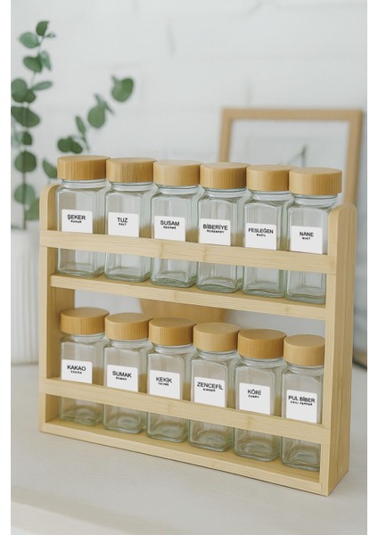12' Li Ahşap Standlı Bambu Kapaklı Kare Baharatlık Seti 100 ml - Standlı Bambu Baharatlık