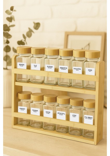 12' Li Ahşap Standlı Bambu Kapaklı Kare Baharatlık Seti 100 ml - Standlı Bambu Baharatlık fırsatları