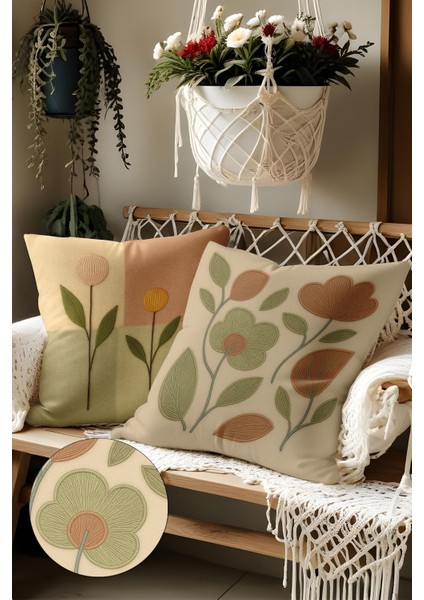 2’li Nakış Desenli, Çift Taraflı Baskı, Dekoratif Kırlent Kılıfı Seti – Bohem Stil, Fermuarlı