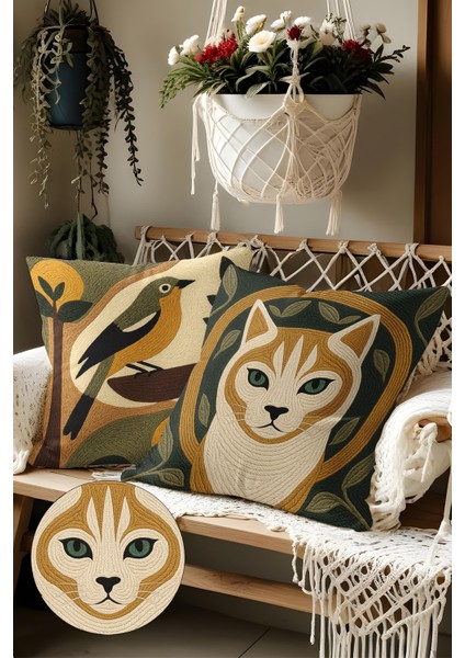 2’li Nakış Desenli, Çift Taraflı Baskı, Dekoratif Kırlent Kılıfı Seti – Bohem Stil, Fermuarlı